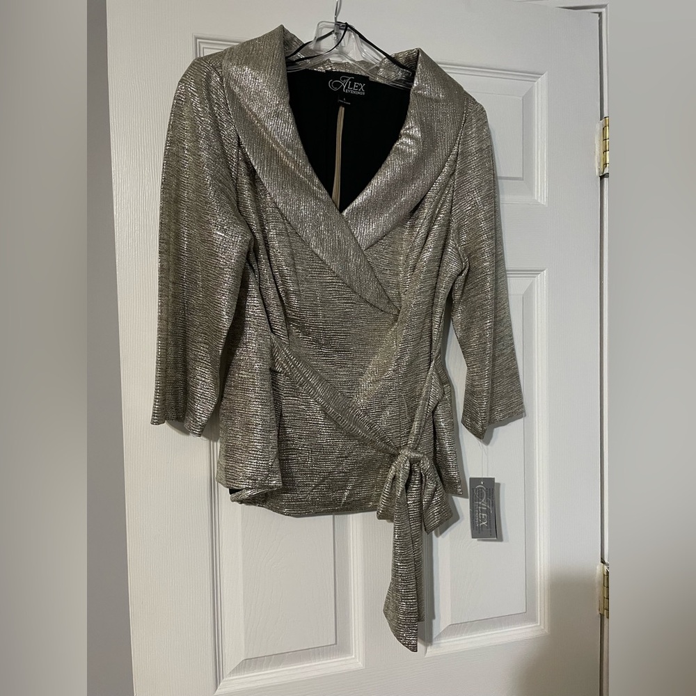 NWT Alex Evenings Shimmering Silver Wrap Blouse